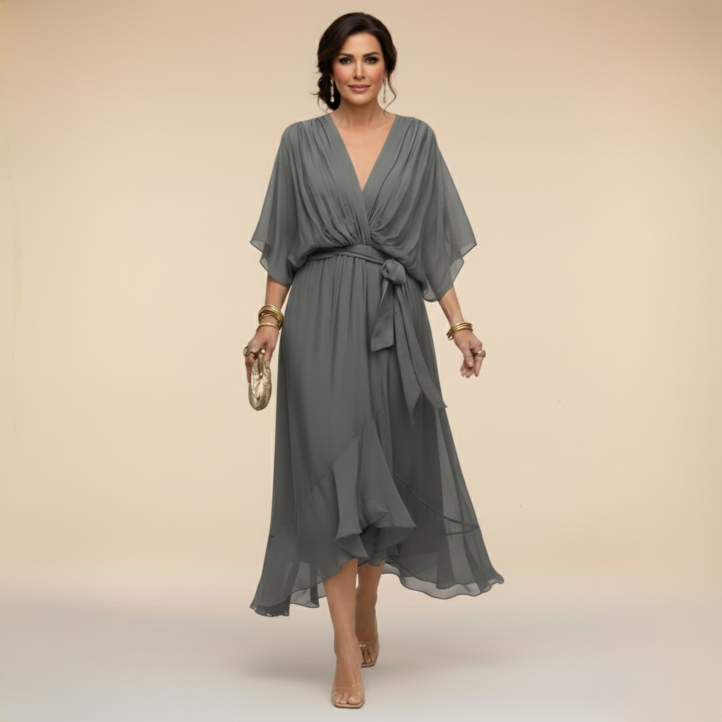 Vestido Midi Mujer Elegante Fluido – Escote V y Cintura Ajustable