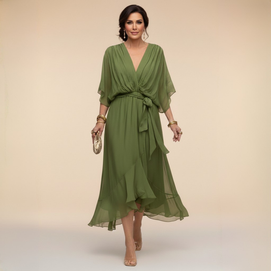 Vestido Midi Mujer Elegante Fluido – Escote V y Cintura Ajustable